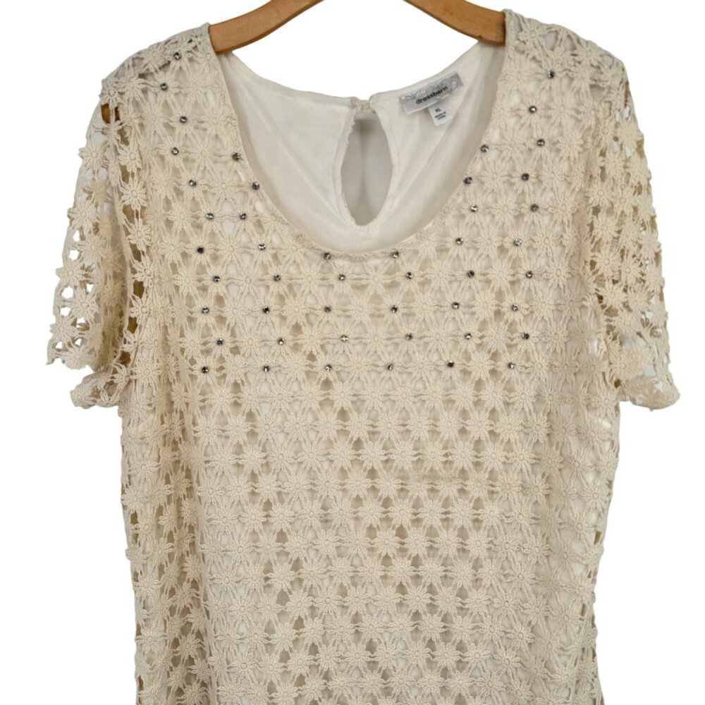 Dressbarn Women's size XL ivory Floral Lace Top  Rhinestone short sleeve - Picture 7 of 11